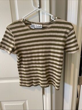 VTG 100% cotton Rafaella Olive & Cream Ribbed Stripe Knit Tee